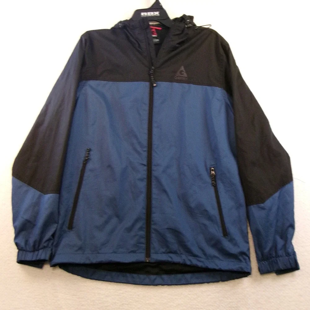 Gerry Mens Medium Windbreaker Jacket Blue Black Colorblock Hooded Full Zip‎